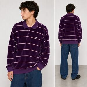 Obey Men’s Velour Polo Shirt Medium Purple Striped Long Sleeve W/ Shoulder Flaw